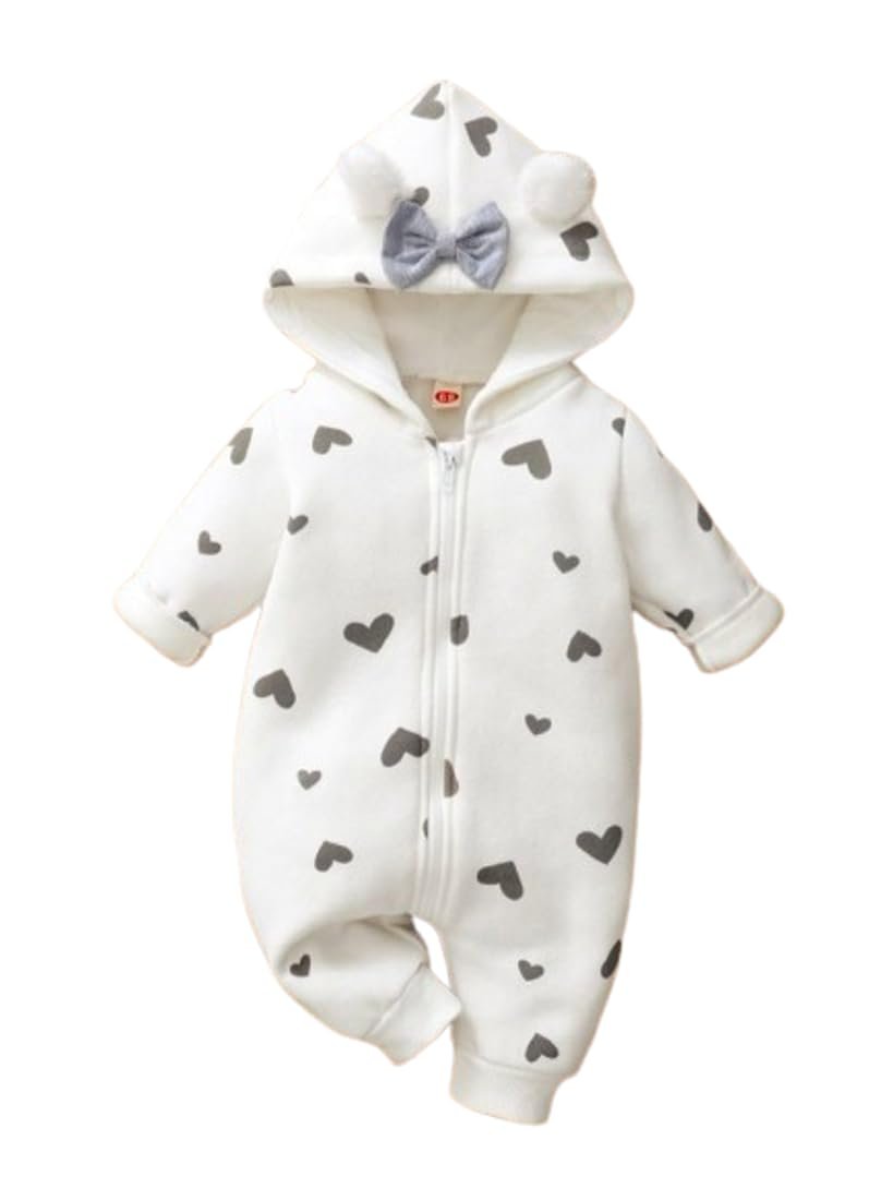 BRANDONN Kids baby cotton fleece jumpsuit romper onesie sleepsuit hooded semi winter & winter zipper (White & Grey, 6-9 Months)