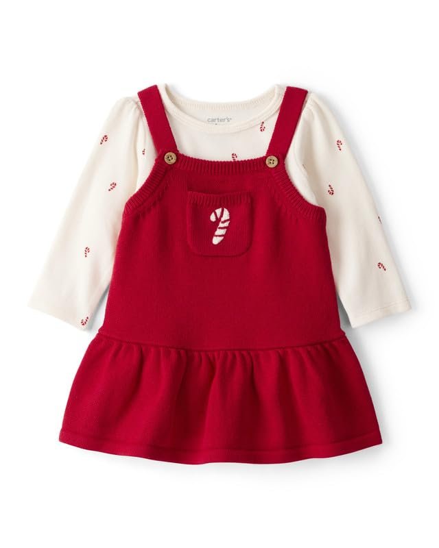 Carter’s Baby Girl Candy Cane Print Full Sleeve Top & Dress Set (Pack of 1) | Soft Cotton Full Sleeve Holiday Outfit