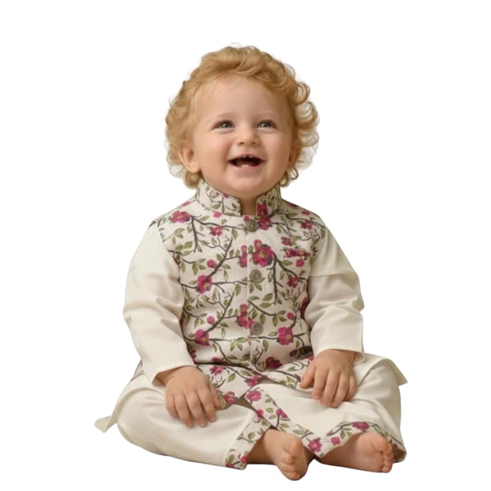 A.T.U.N. (ALL THINGS UBER NICE) Baby Boys Ethnic Kurta Dhoti Set with Printed Nehru Jacket | Traditional Indian Festive Clothing Set| Elegant Wedding Celebration Outfit | Premium 3 Piece Kurta Set