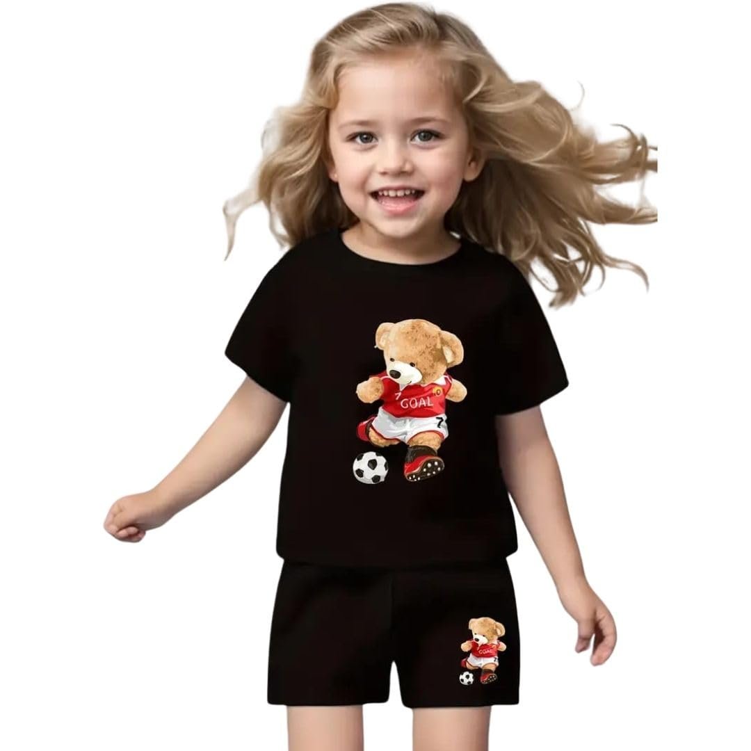 Adorable Teddy with Football Print Cotton Half Sleeve T-Shirt & Shorts Set for Girls | Kids Clothes for Girls | Baby Girl Summer Dress | Soft Cotton Summer Outfit for Kids