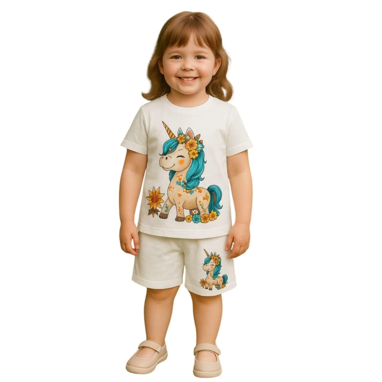 Fommy Pure Cotton T-Shirt Shorts Set for Baby Girl & Toddlers | Adorable Cartoon Unicorn Print Summer Casual Outfit for Girls | Ultra-Soft Half Sleeve Top & Shorts Cord Set for Home, Play & Outing