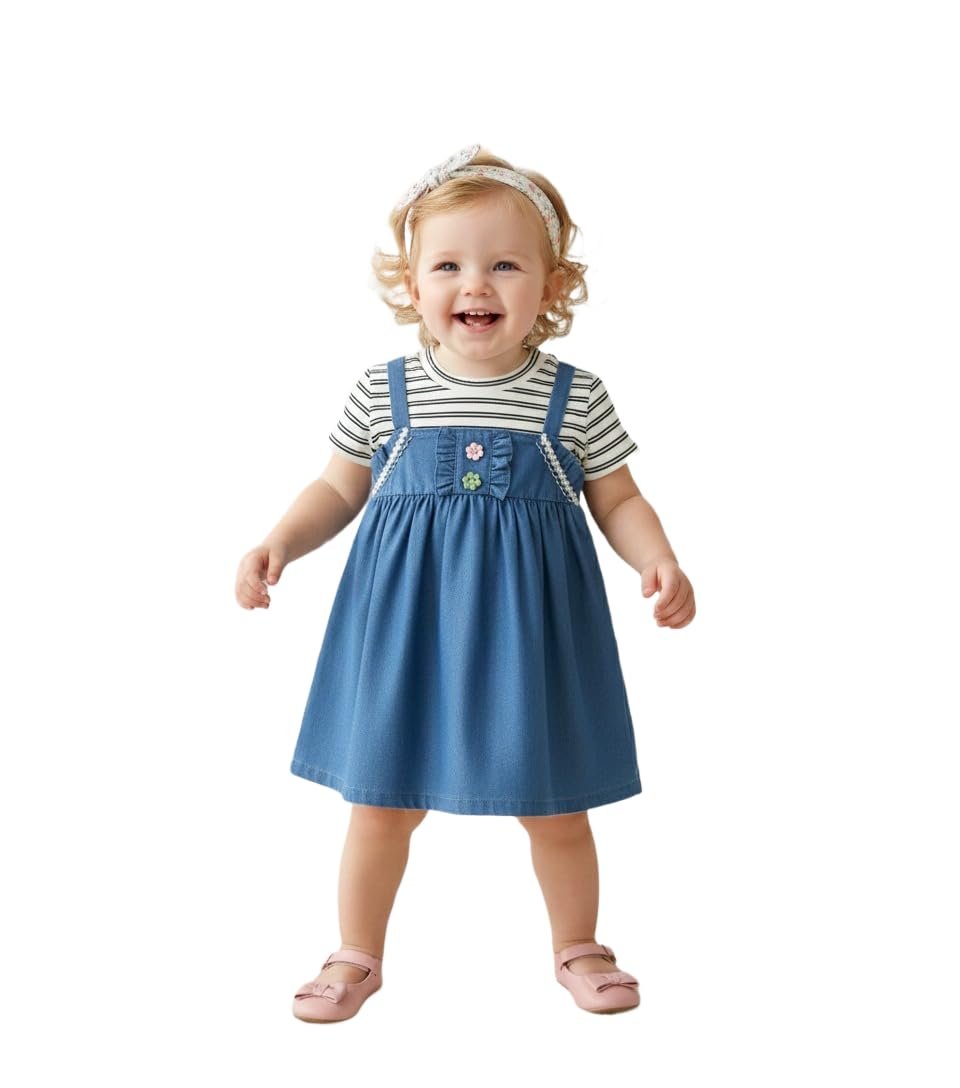 A.T.U.N. (ALL THINGS UBER NICE) Baby Girls Denim Look Pinafore Dress | Soft Cotton Fabric | Decorative Front Button & Floral Detail | Comfortable Casual Wear for Babies