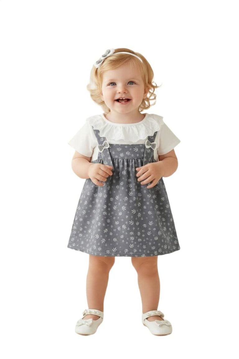 A.T.U.N. (ALL THINGS UBER NICE) Baby Girls 100% Cotton Printed Pinafore Style Dress | Inner Look Top with Ruffle Neck | Soft Comfortable Fit | Cute Stylish Dress for Babies
