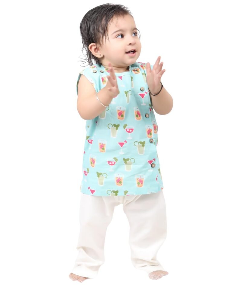 POLKA TOTS Baby Jhabla & Pant Set | 100% Cotton | Sleeveless Printed Top + Soft Bottom | Unisex Outfit for New Born, & Toddlers