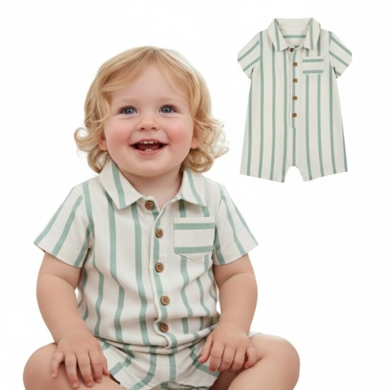 A.T.U.N. (ALL THINGS UBER NICE) Baby Boys 100% Cotton Polo Romper | Soft Striped Fabric with Button Front Style & Collared Design | Comfortable One-Piece Kids Outfit