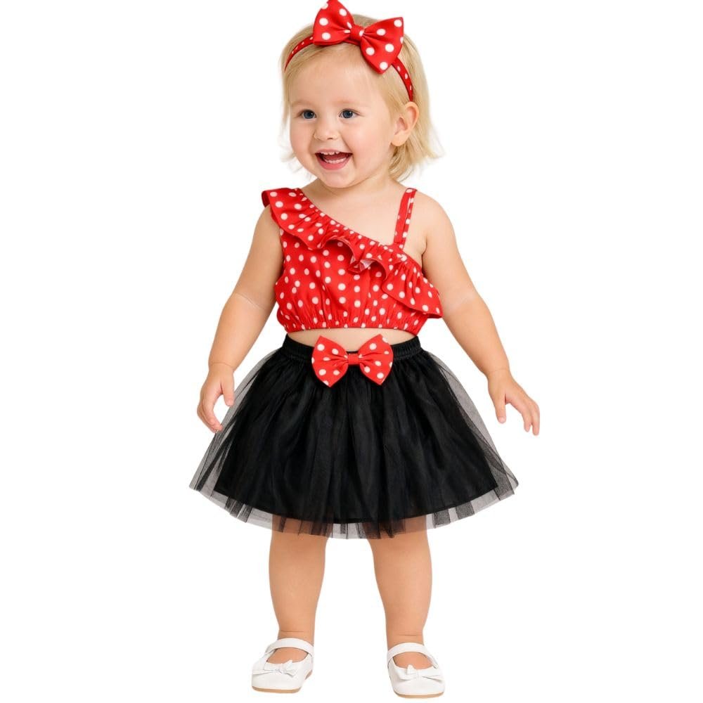 A.T.U.N. (ALL THINGS UBER NICE) Baby Girls One Shoulder Printed Crop Top with Skirt & Matching Headband Set | 3 Piece Outfit Set for Kids