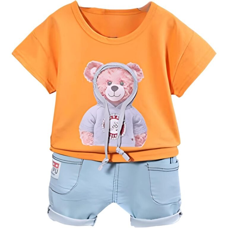 Googo Gaaga Boy’s Cotton Teddy Printed T-Shirt With Shorts In Orange Color