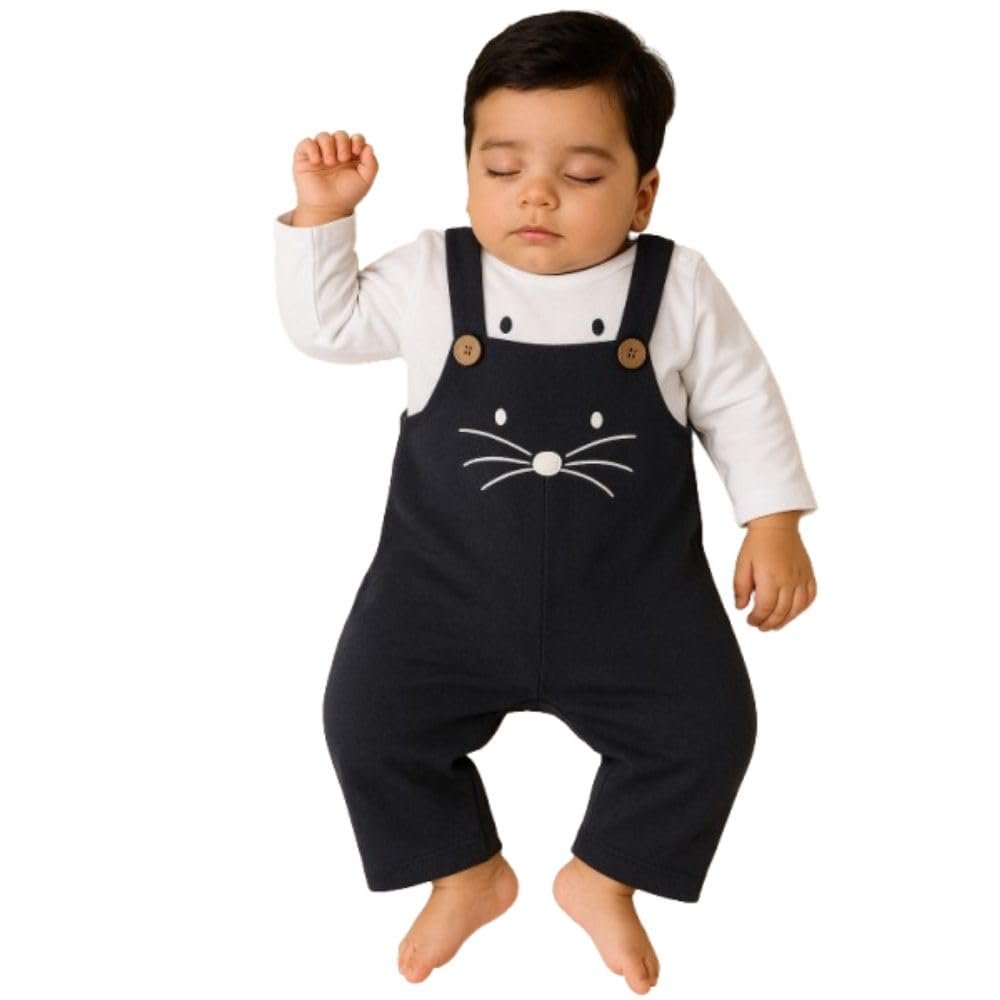 Baby Boys Organic Cotton Dungaree Pant with T_Shirt, White+ Navy, 0 to 9 Months