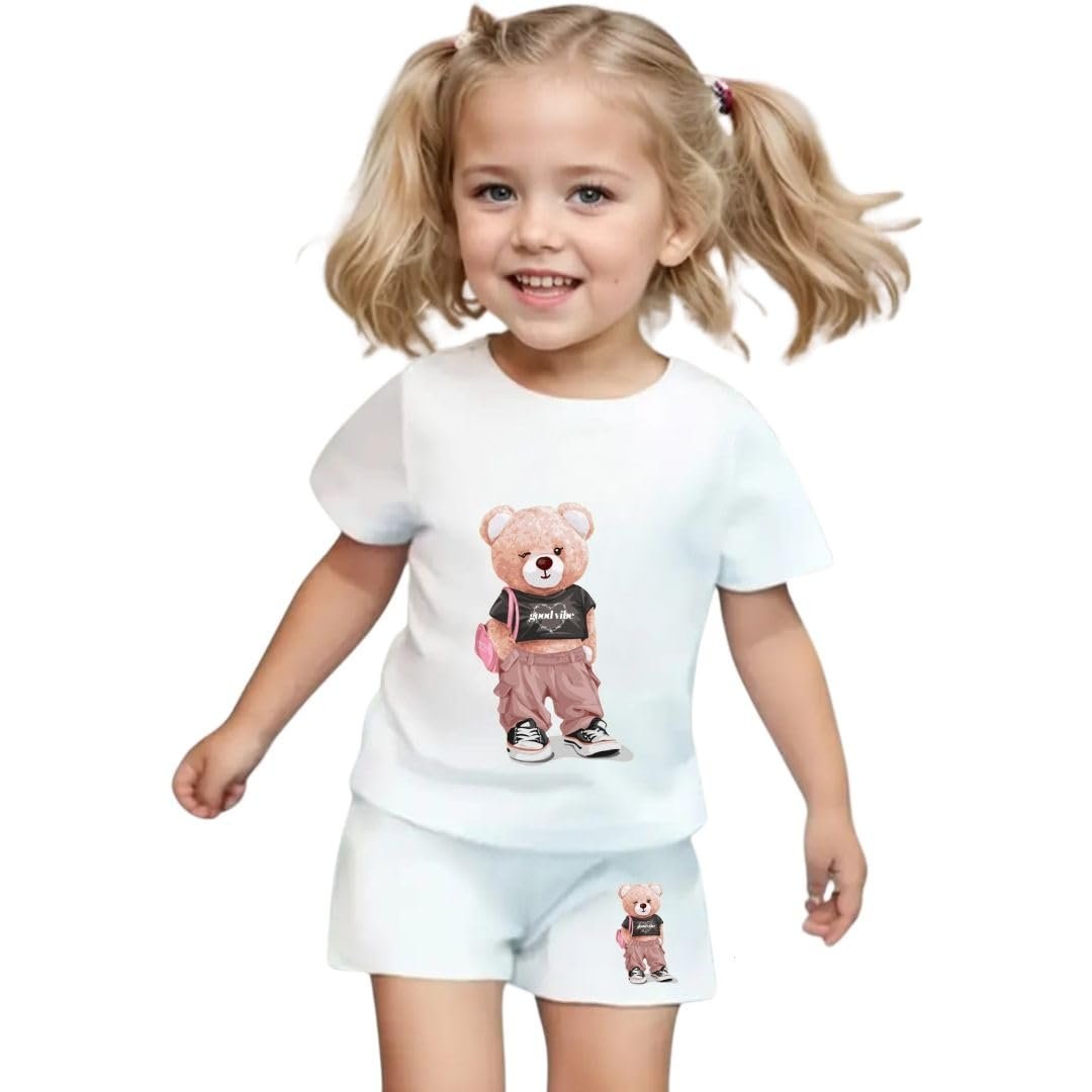 Summer Wear Kids Dress Baby Dress Baby Girl Clothes Baby Boy Dress – T-Shirt & Shorts Set with Adorable Teddy Bear Print, Perfect for Summer Outfits