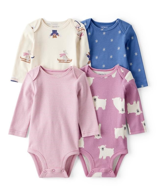 Carter’s Baby Girl Unicorn, Heart, Star Print Full Sleeve Multipack Bodysuits (Set of 4) | 100% Cotton Full Sleeve Soft & Cozy Everyday Wear