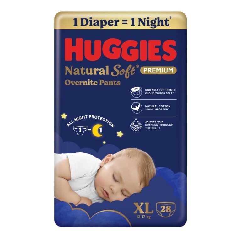 Huggies Natural Soft Overnite Diaper Pants| Premium Pant Style Baby Diapers Medium Size (XL Size | 12-17 Kgs), 28 count| Keeps baby dry all night with cloud softness all over