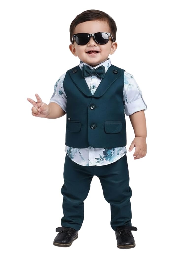 Boys Formal 3 Piece Suit Set with Waistcoat, Shirt & Bow Tie Kids Outfit, Stylish Dress for Toddler & Little Boys, Comfortable Designer Clothing