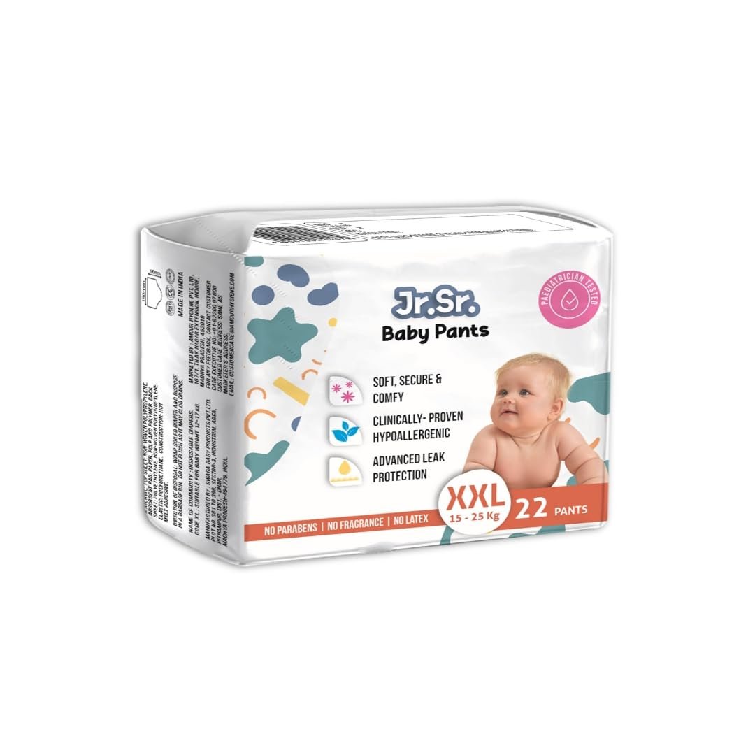 Jr. Sr. Baby Diaper Pants | 10-12 hr Absorption with Advanced Leak Protection | Safe For Babies Skin | Soft, Secure & Comfy (XXL, 22, count)