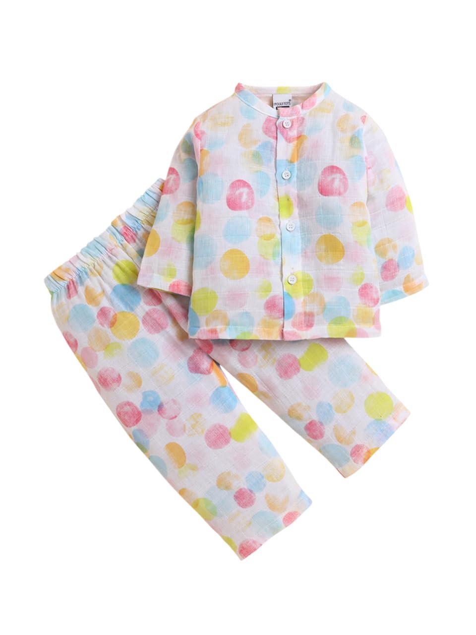 POLKA TOTS Muslin Jhabla & Pant Set for Boys & Girls | Ultra-Soft, Breathable & Lightweight Cotton Kid Dress | Unisex Printed Top & Pyjama Set for Kids | Night Suit for Kids | Newborn to 2 Years