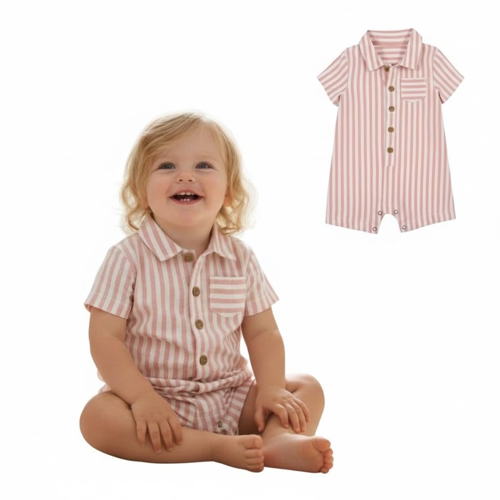 A.T.U.N. (ALL THINGS UBER NICE) Baby Boys 100% Cotton Polo Romper | Soft Striped Fabric with Button Front Style & Collared Design | Comfortable One-Piece Kids Outfit