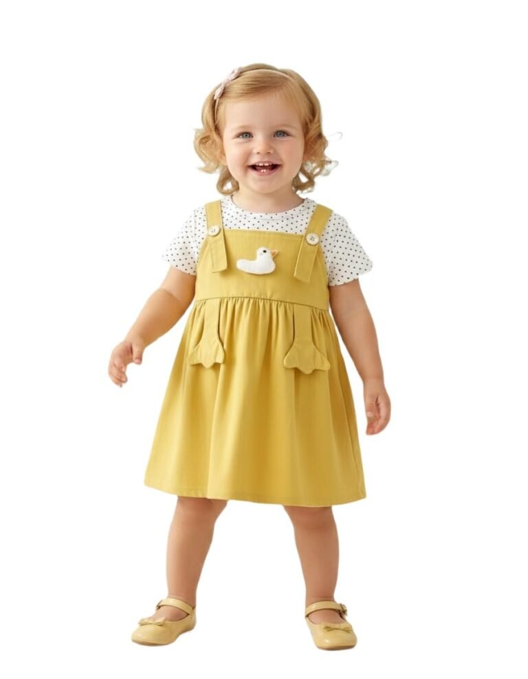A.T.U.N. (ALL THINGS UBER NICE) Baby Girls Pinafore Style Dress | Soft Cotton Fabric | Cute Duck Applique & Front Pocket Detail | Comfortable Casual & Outing Wear for Babies