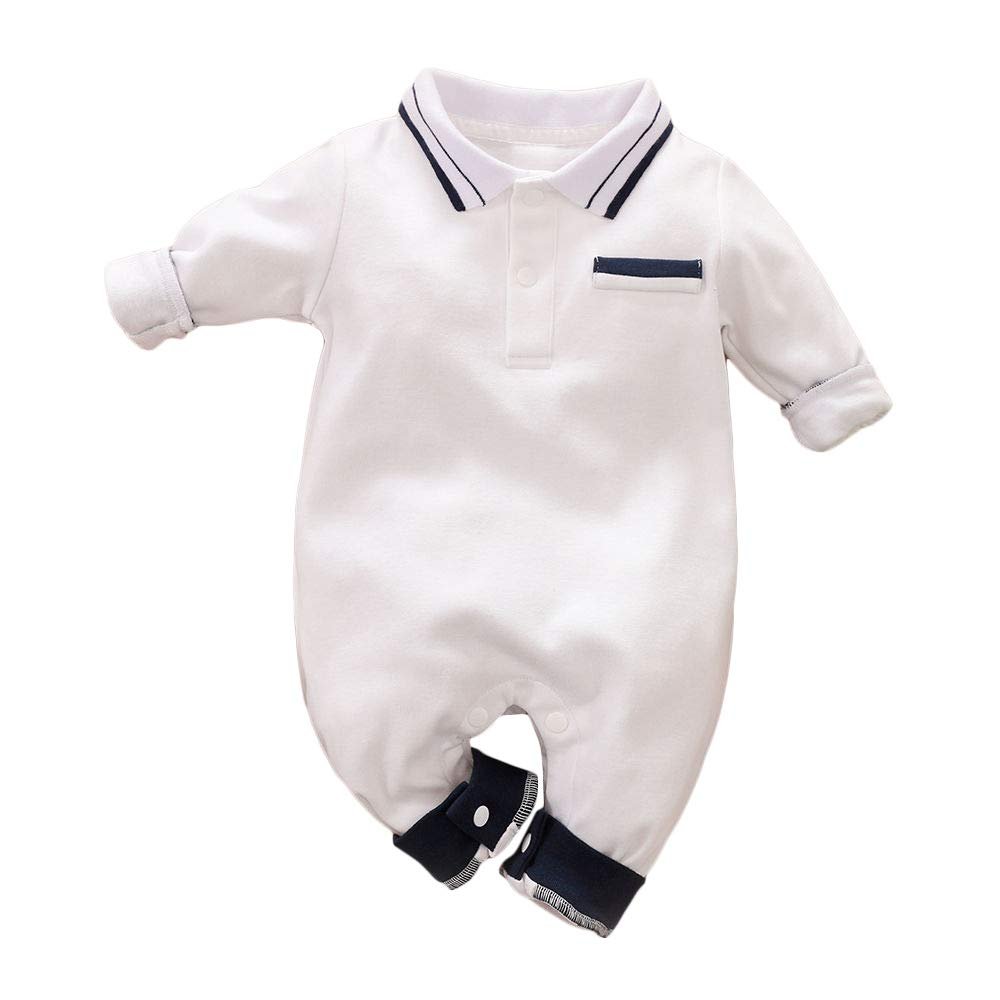 Hopscotch Boys Cotton Solid Full-Sleeve Romper in White Color