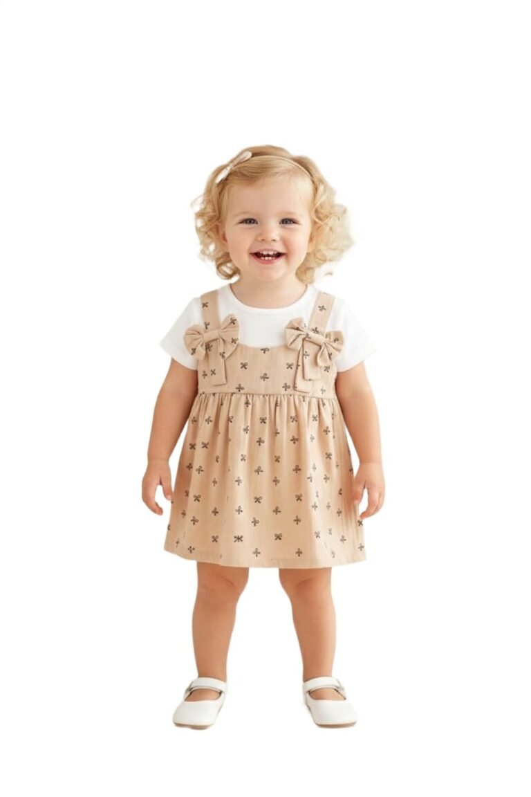 A.T.U.N. (ALL THINGS UBER NICE) Baby Girls All Over Mini Bow Print Dress with Decorative Shoulder Bow Details | Premium 100% Cotton Soft Touch Fabric | Comfortable Inner Tee Style Dress for Babies