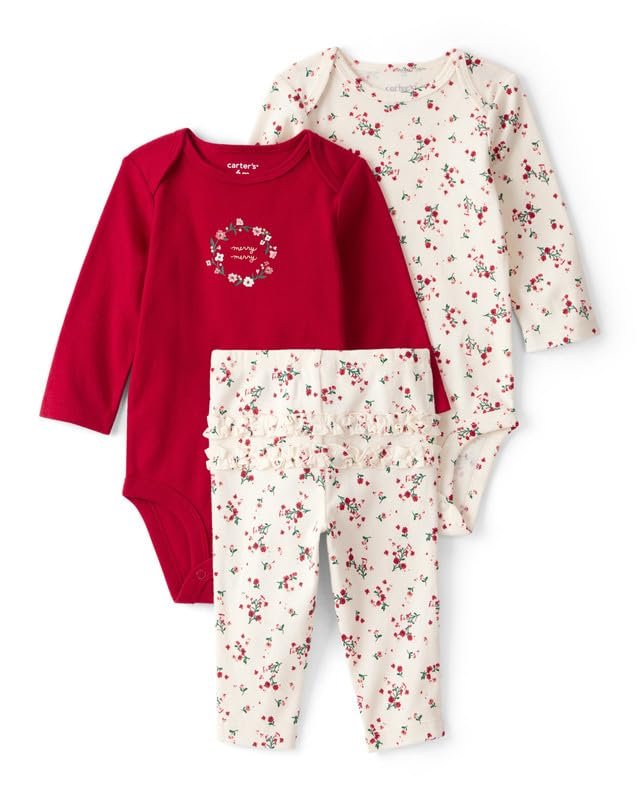 Carter’s Baby Girl Floral Merry Cotton Bodysuits & Pant Set (Set of 3) | Soft Cotton Outfit Set | Cute & Comfortable Everyday Wear