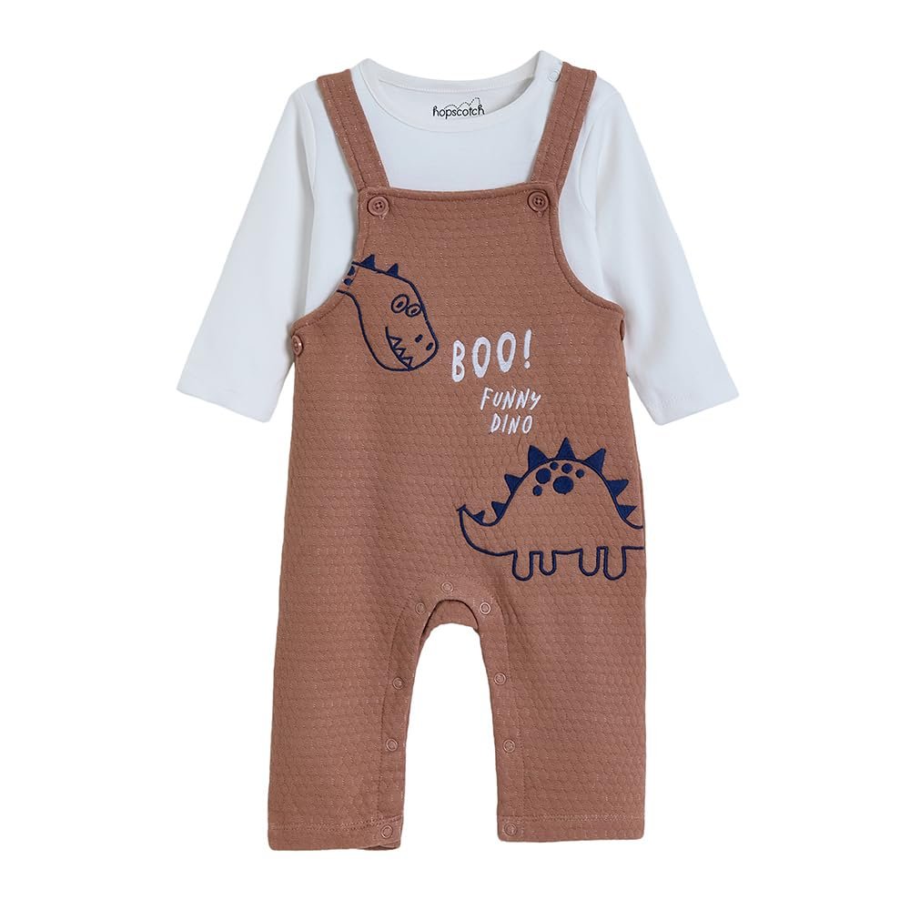 Hopscotch Boys White Full Sleeves 2-Pc Dino Embroidery Dungaree Set
