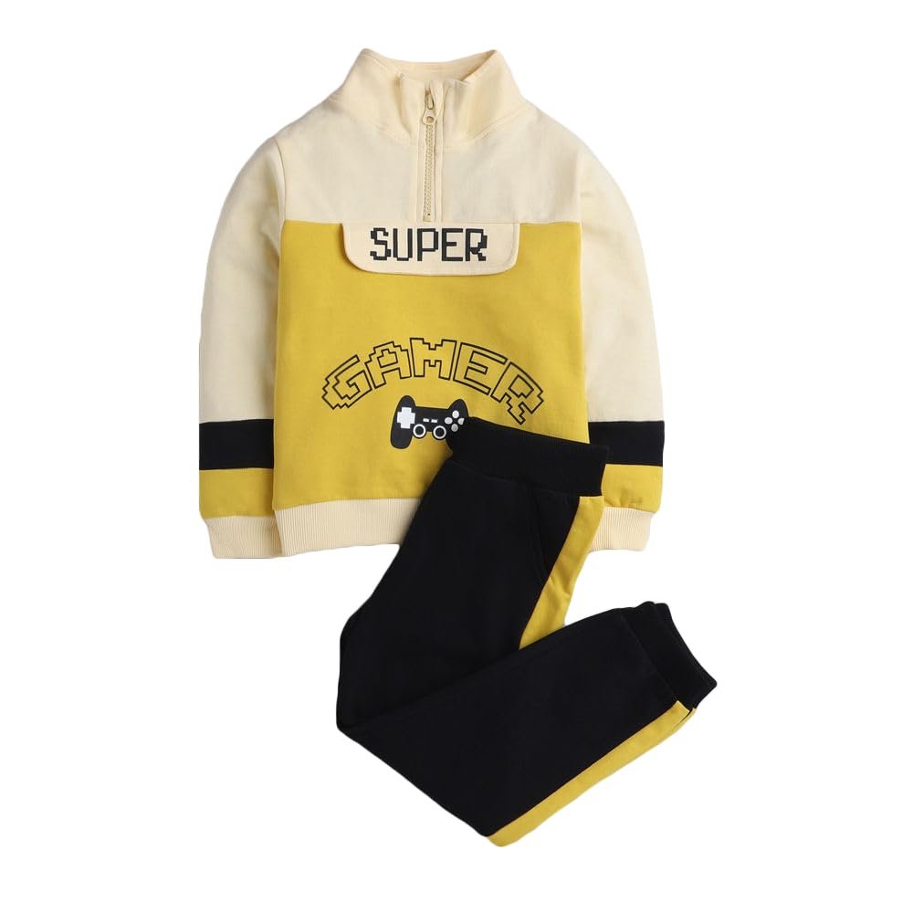 Hopscotch Boys Cotton Text Printed Top Joggers Set In Yellow Color For Ages 18-24 Months