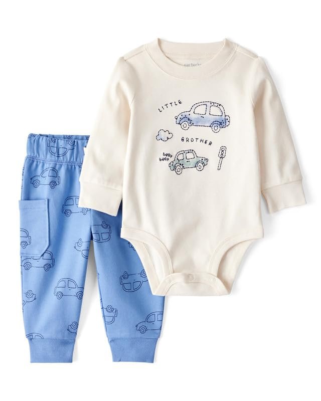 Carter’s Baby Boy Car Little Brother Full Sleeve Bodysuit Pant Set (Pack of 1) | Cotton Full Sleeve Outfit | Soft & Cute Everyday Wear