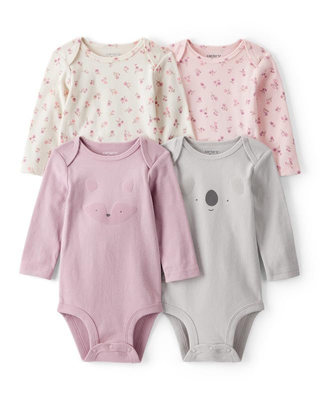 Carter’s Baby Girl Unicorn, Heart, Star Print Full Sleeve Multipack Bodysuits (Set of 4) | 100% Cotton Full Sleeve Soft & Cozy Everyday Wear