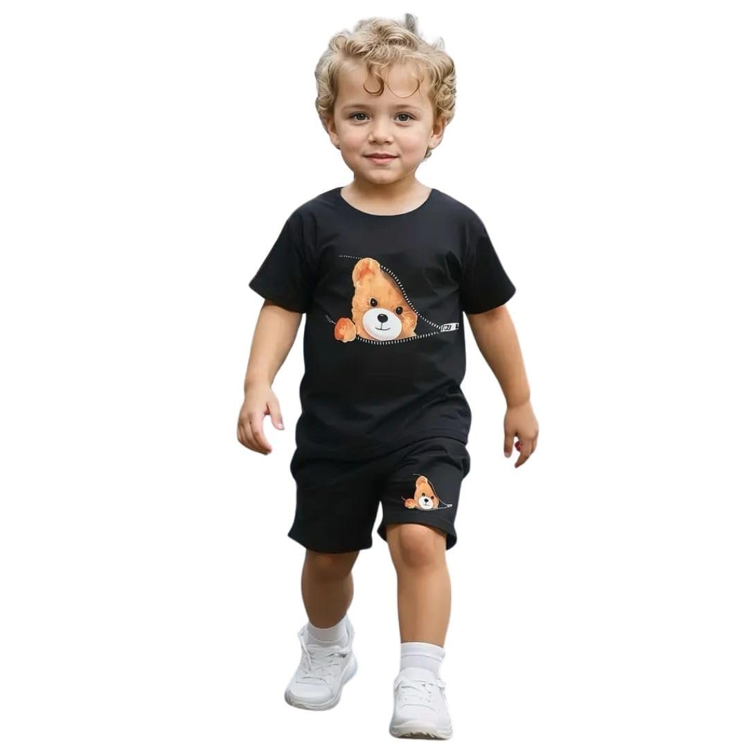 Fommy Pure Cotton T-Shirt Shorts Set for Baby Boy & Toddlers | Adorable Teddy Bear Cartoon Print Summer Casual Outfit for Boys | Ultra-Soft Half Sleeve Top & Shorts Cord Set for Home, Play & Outing