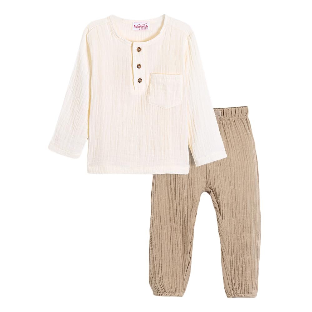 Hopscotch Boys Full Sleeves Beige 2-Pc Cotton Muslin Jogger Set