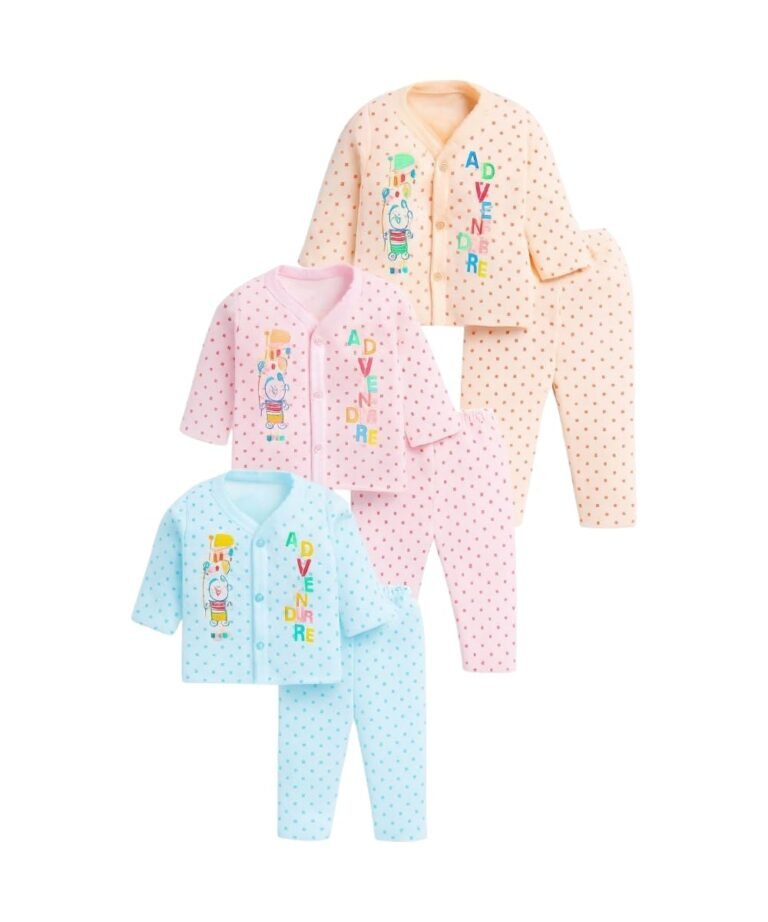 BONUM Baby’s Boy’s Girl’s 100% Cotton Button Shirt with Pyjama Pant Set of 3 New Born Baby Clothes