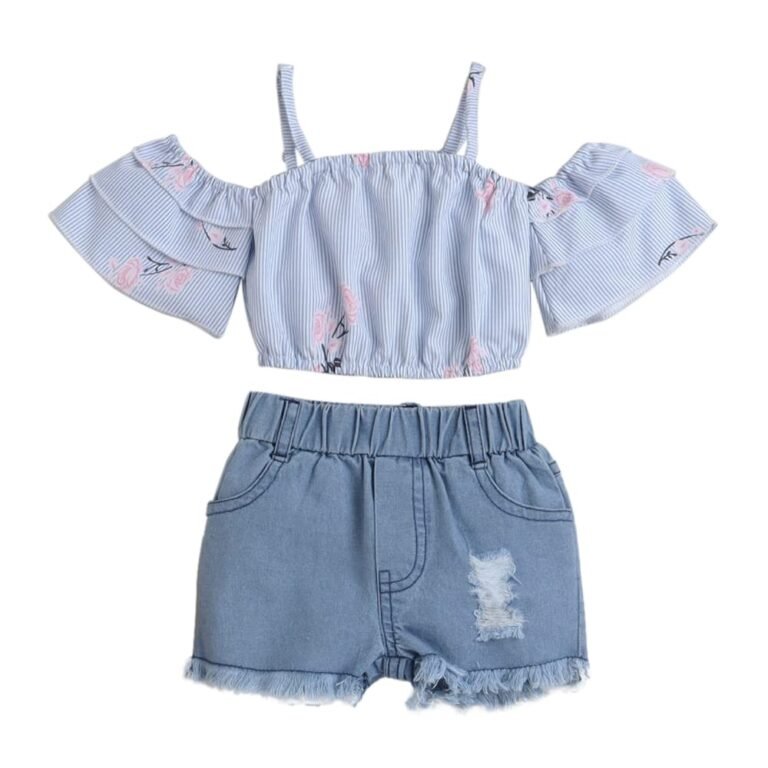 Hopscotch Girl’s Cotton Printed Stripe Print Blouse And Shorts Set