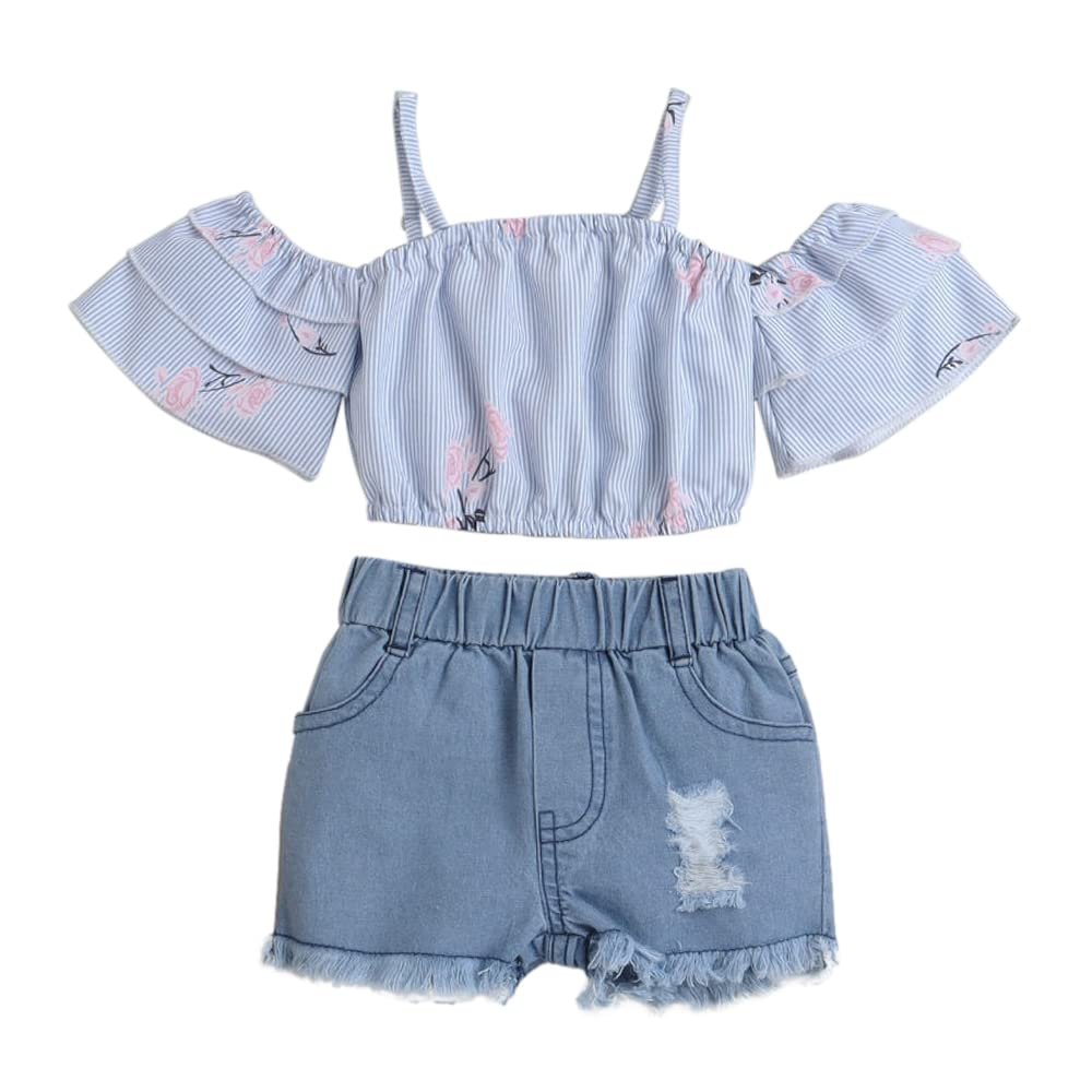 Hopscotch Girl’s Cotton Printed Stripe Print Blouse And Shorts Set