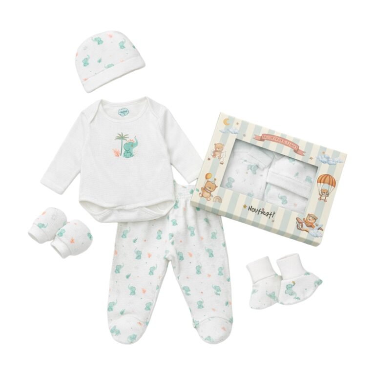 Baby Boys’ 100% Cotton White Graphic Printed 5-pieces Gift Set(NNIBC070077-0-6M_White_0-6M)