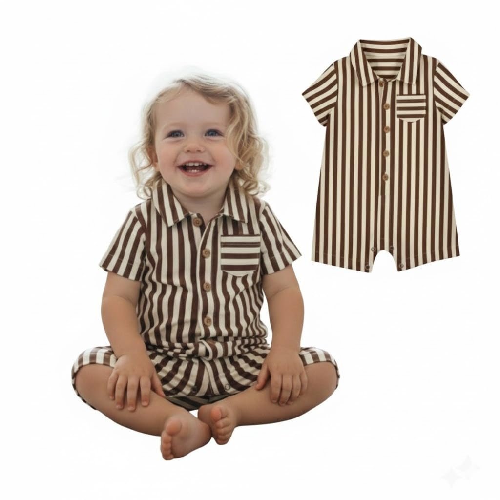 A.T.U.N. (ALL THINGS UBER NICE) Baby Boys 100% Cotton Polo Romper | Soft Striped Fabric with Button Front Style & Collared Design | Comfortable One-Piece Kids Outfit