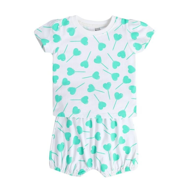 miniklub Baby Round Neck Short Sleeve Knitted Cotton Clothing Set, Pack of 2 (White/Green Color)