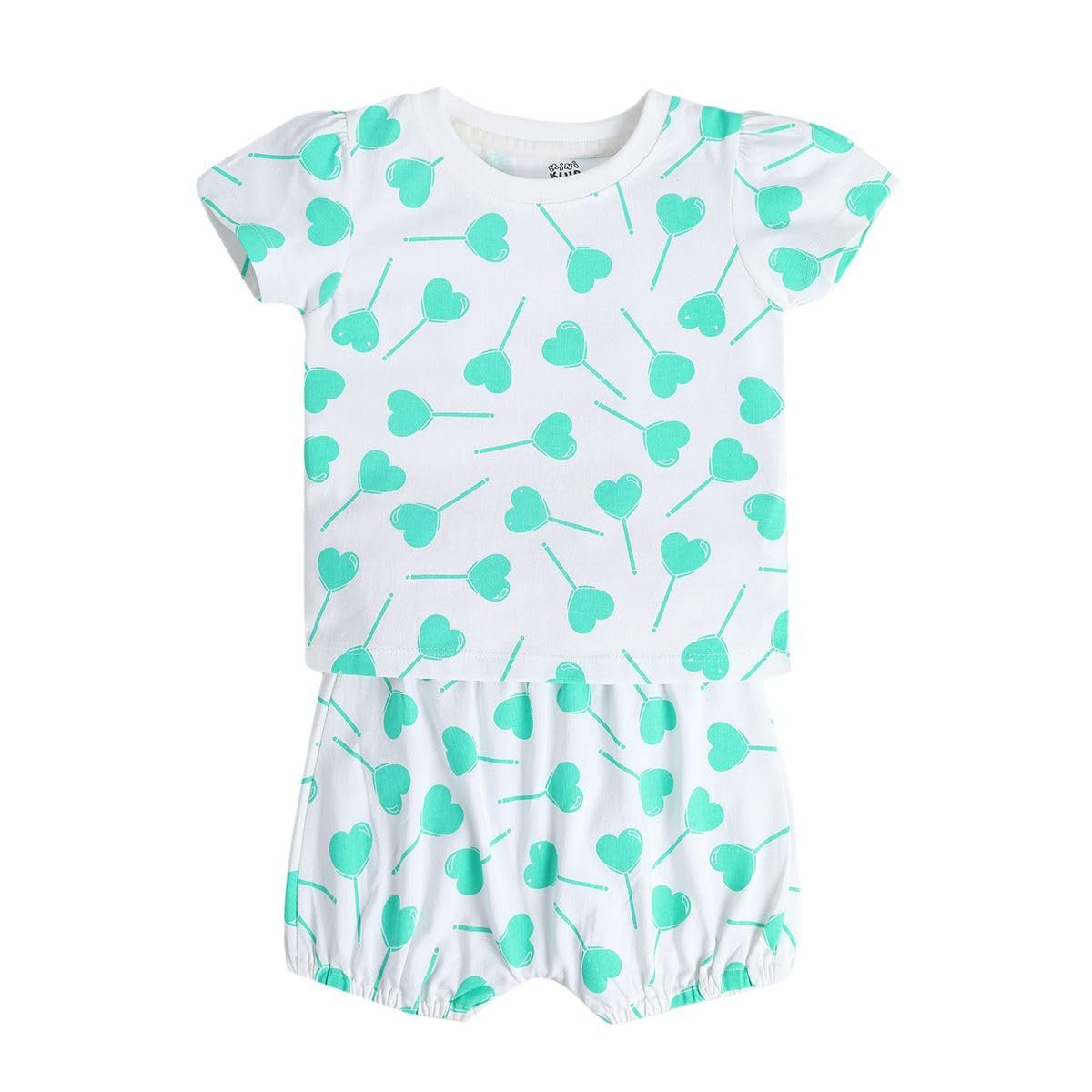 miniklub Baby Round Neck Short Sleeve Knitted Cotton Clothing Set, Pack of 2 (White/Green Color)