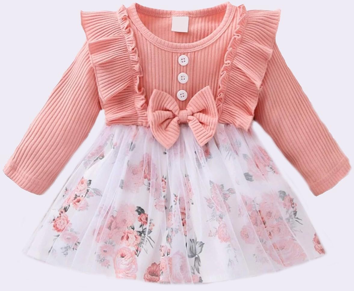 OMALI Baby Girl Dungry Dress | Long Sleeve | Infant Casual Dress | Ruffle Print Clothes