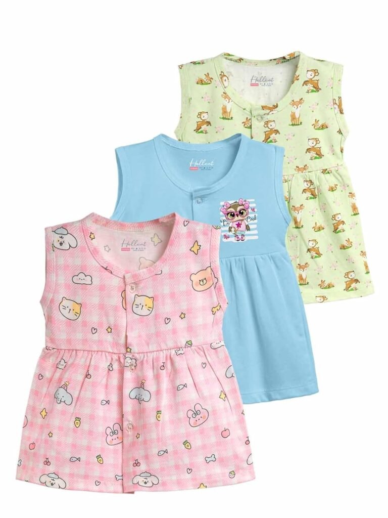HELLCAT 100% Cotton Baby Frock Dress for Girls – Pack of 3, Soft & Trendy, Sleeveless