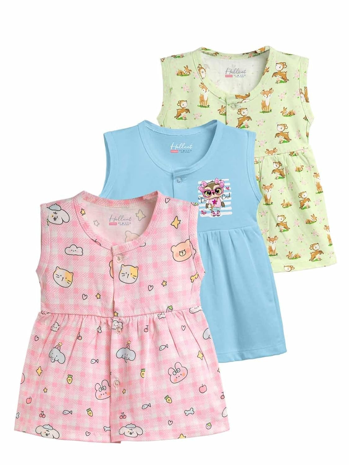 HELLCAT 100% Cotton Baby Frock Dress for Girls – Pack of 3, Soft & Trendy, Sleeveless