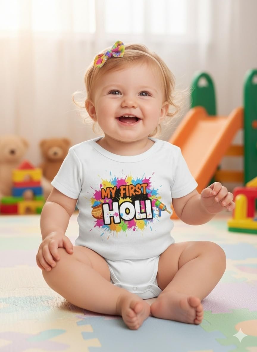A.T.U.N. (ALL THINGS UBER NICE) Baby Girls 100% Cotton Holi Theme Printed Romper | My First Holi Graphic Print Onesie | Soft Feel Short Sleeve Bodysuit | Comfortable Festive for Unisex Babies