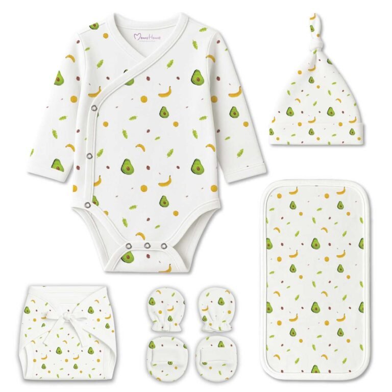 MOM’S HOME Organic Cotton Baby Clothing Set | Baby Essential Clothes For Newborn | Baby Shower Gift Hamper | 0-6 Months | Avocado | Pack of 6