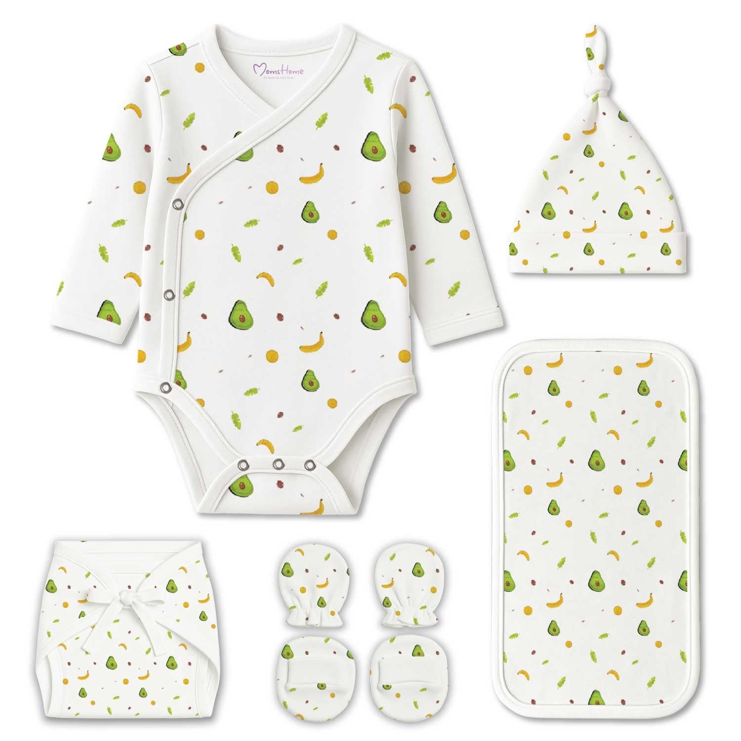 MOM’S HOME Organic Cotton Baby Clothing Set | Baby Essential Clothes For Newborn | Baby Shower Gift Hamper | 0-6 Months | Avocado | Pack of 6