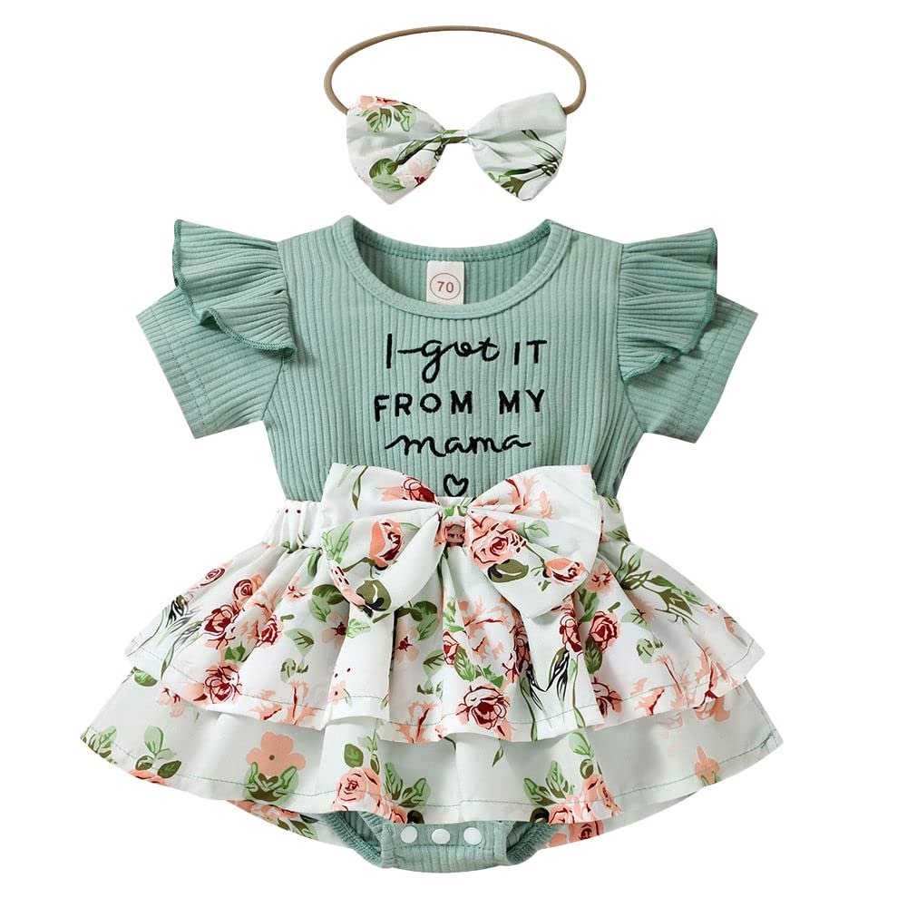 Hopscotch Girls Text Print Bodysuit with Headband In Green Color
