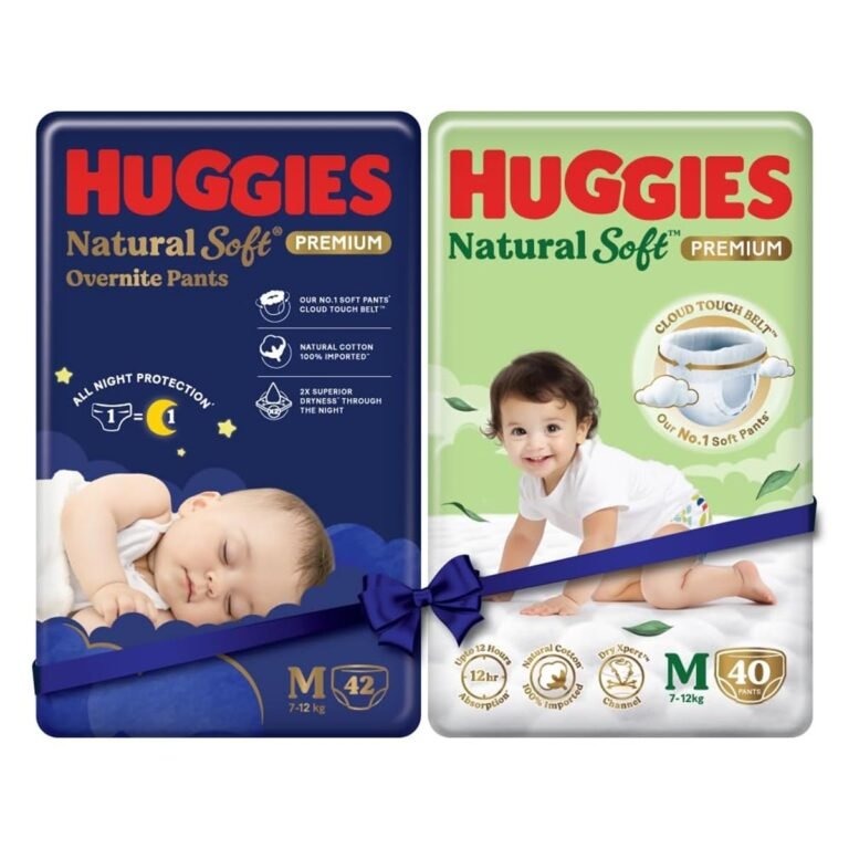 Huggies Natural Soft Day+Night Combo|Premium Pant style baby diapers| Medium (M) Size (7-12 Kgs), 82 count |Our No.1 Soft Pants with Cloud soft belt |Leakage guard, Wetness Indicator and 12 hr Absorption