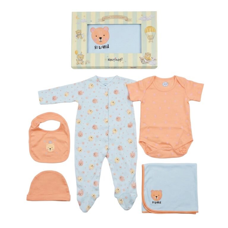 Baby Boys’ 100% Cotton All-over & Placement Teddy Print 5-pieces Gift Set(NNIGCS070065-0-6M_Blue_0-6M)