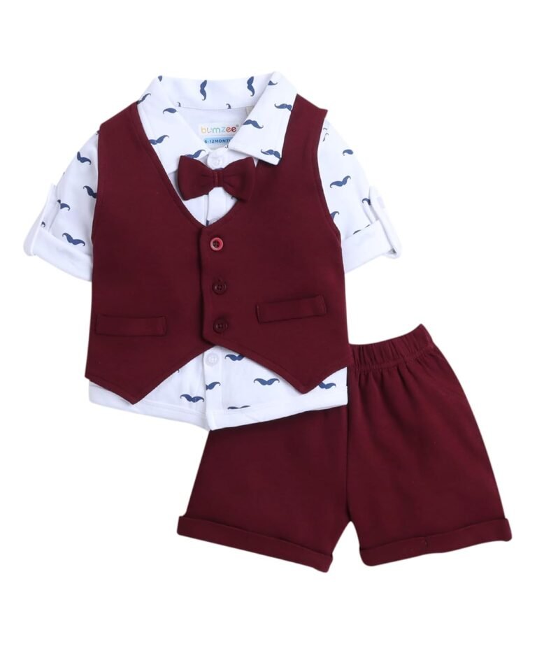 BUMZEE Navy & White Boys Full Sleeves Shirt Waistcoat & Short Set With Applique Bow (Peb9294)