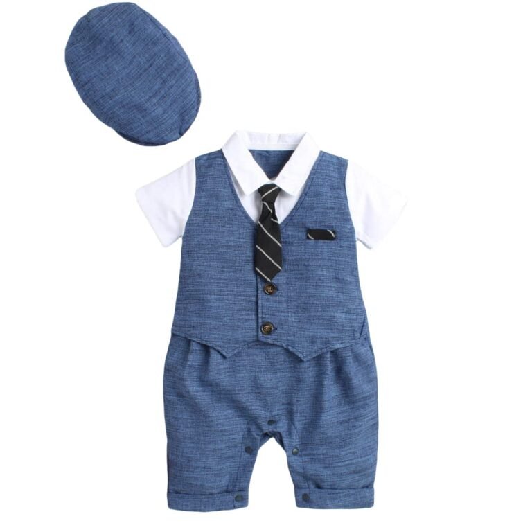 Hopscotch Boys Cotton Solid Applique Tie Romper In Blue Color