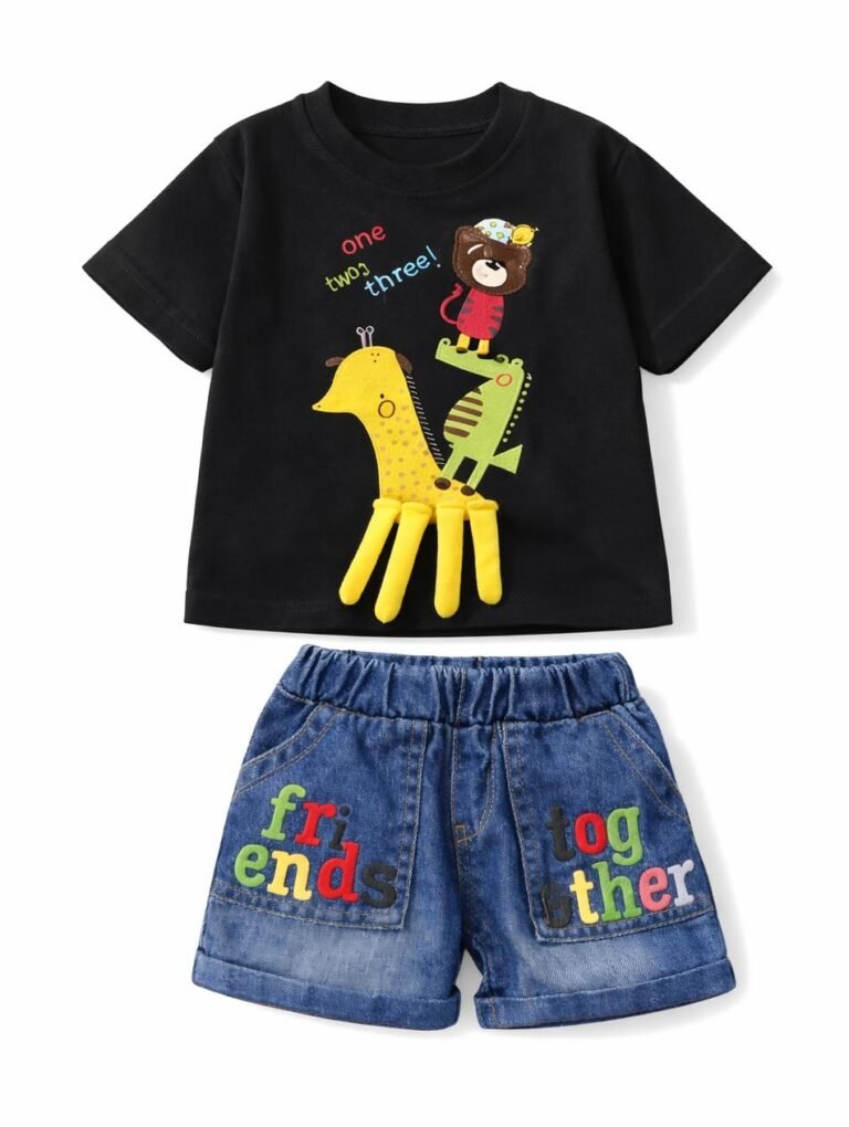Bold N Elegant Baby Boy Girl 3D Cartoon Animal Cotton T-Shirt n Denim Shorts Set Toddler Summer Clothes Outfit with Giraffe 3D Design for Kids