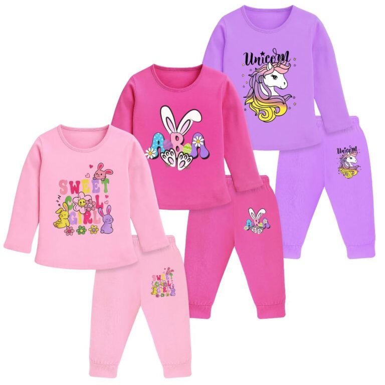 Cotton Clothing Set for Girls Dress Full Sleeve T-shirt Top and Pyjama (Pack of 3)
