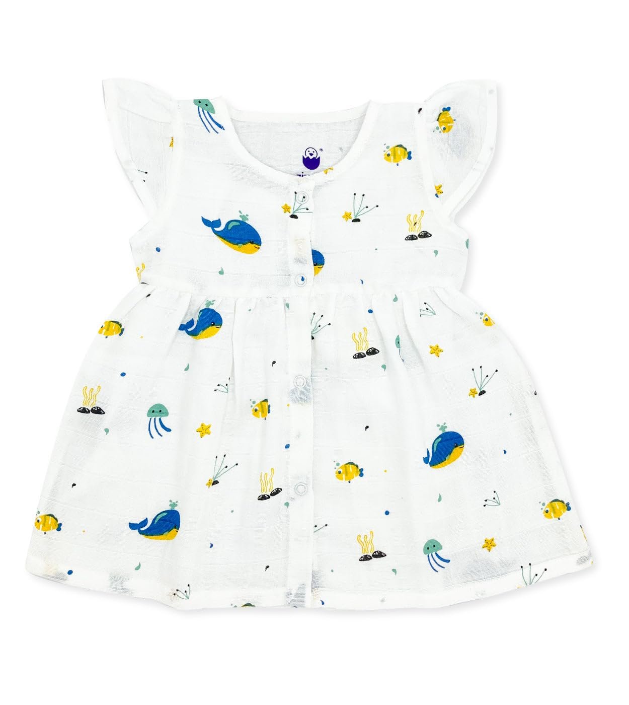 Muslin Cotton Front Open Baby Frock for Girls -Round Neck Cap Sleeve Dress -Blue Fish Print